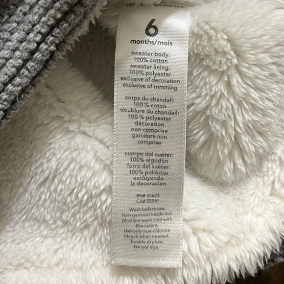 Carter’s Baby Sherpa-Lined Hooded Winter Sweater with 3D Ear | Gray | 6 Mos - Picture 7 of 9